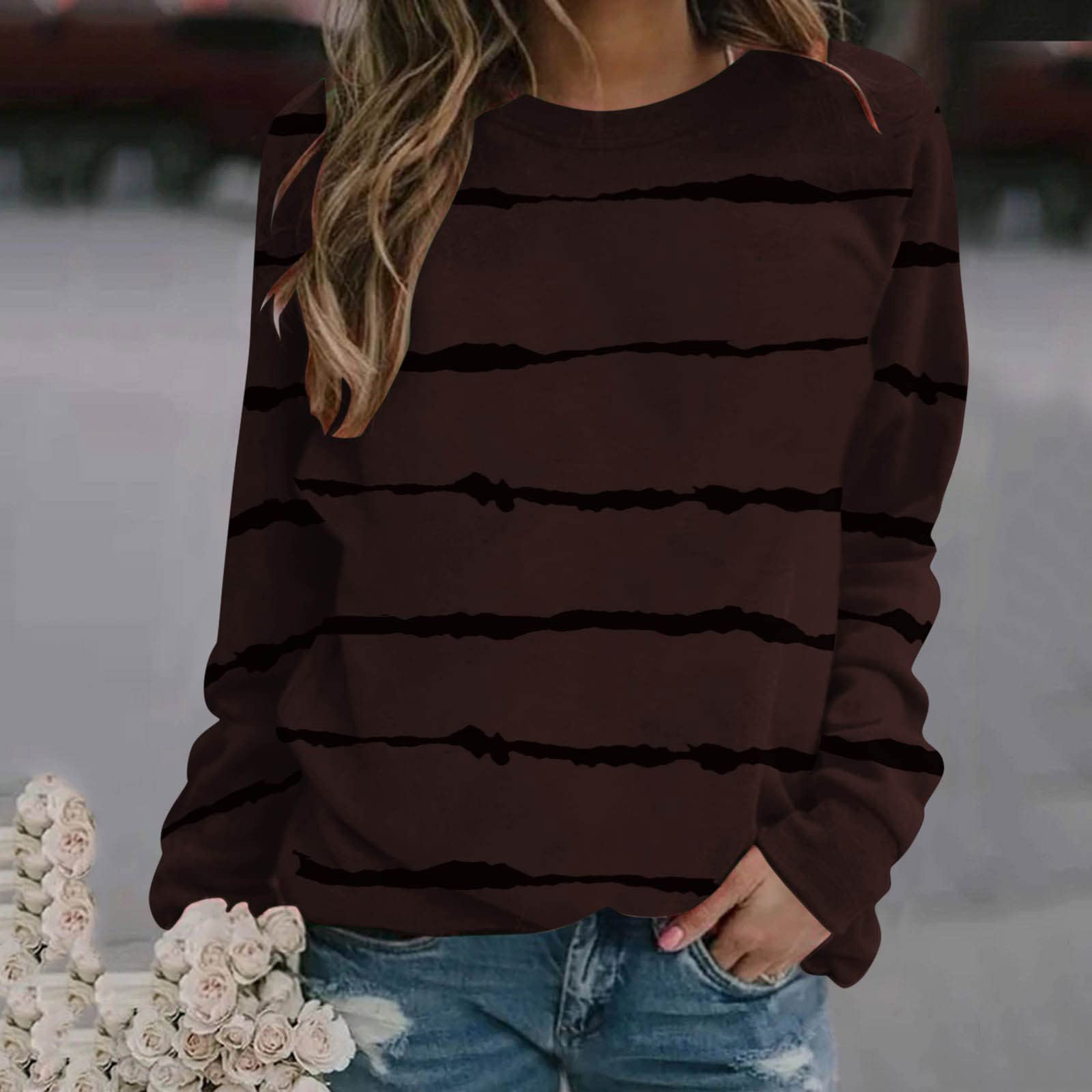 Jacenvly Womens Clothes Long Sleeve Fall \u0026 Winter New Arrivals Christmas Tops Fashion Misses Comfortable Comfortable Stripe Printed Round-Neck Blouses Tops T-Shirt